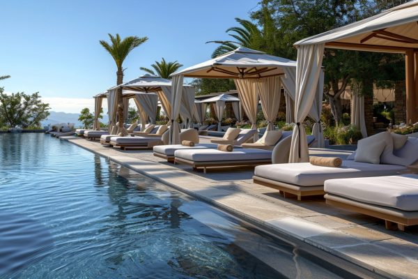 A luxury poolside experience, where guests bask in the opulence of cabanas